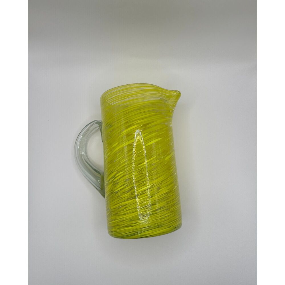Glass Pitcher Hand Made with Handle & Spout Yellow Swirl 9”  EUC